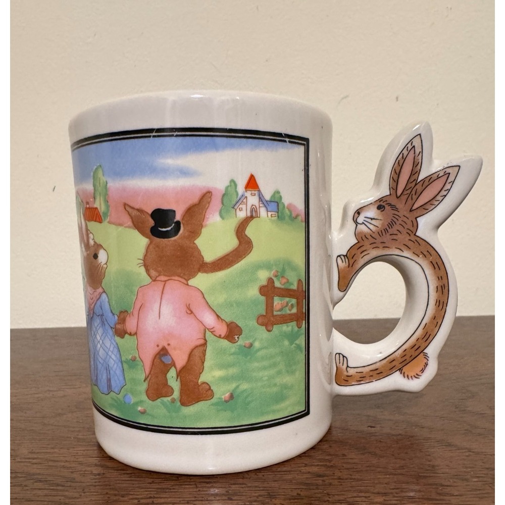 Vintage Storybook Bunny Mug Figural Rabbit Handle Ceramic Easter Spring Unmarked